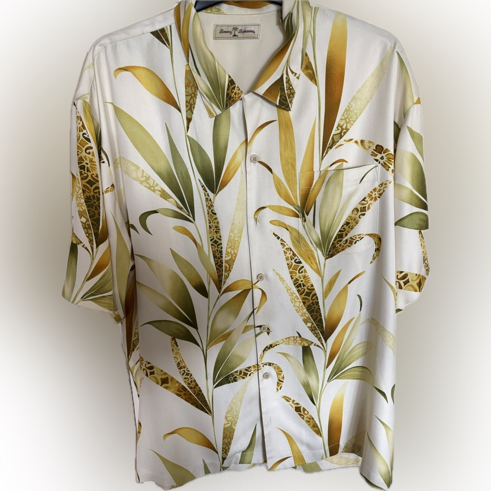 Tommy Bahama Green and Gold Leaf Print Shirt - Like NEW